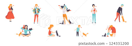 People Cat Lover as Pet Owners Playing and Caring of Their Domestic Animal Vector Set 124331200