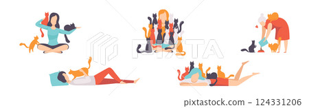 People Cat Lover as Pet Owners Playing and Caring of Their Domestic Animal Vector Set People Cat Lover as Pet Owners Playing and Caring of Their Domestic Animal Vector Set 124331206