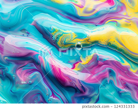 Wavy rainbow 3D lines, abstract art piece, flowing liquid curves, streaks of paint. Dynamic and creative bold colors and organic textures. Concept for modern, artistic 124331333