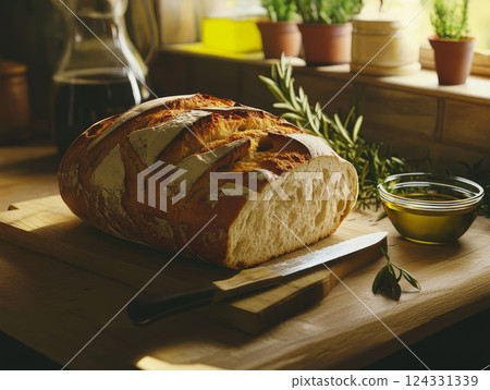 Fresh bread on wooden cutting board, natural food and rustic scene of a village bakery, homemade baking and countryside life. 124331339