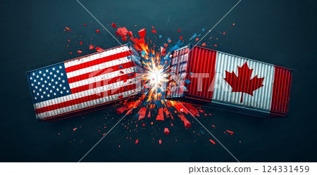 Sparks flying between two cargo containers with the american and canadian flags, representing trade war, tarrifs and economic conflict 124331459