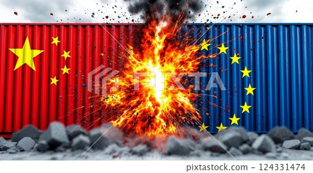 Sparks flying between two cargo containers with the EU and chinese flags, representing trade war, tarrifs and economic conflict 124331474