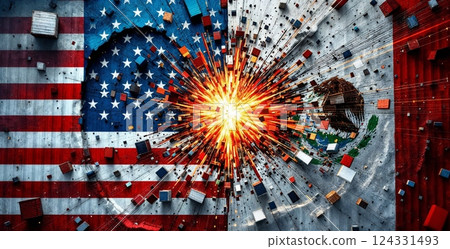 Fire erupting between american and mexican flags, representing trade disputes and international tensions. Trade war or tarrisf concept Fire erupting between american and mexican flags, representing trade disputes and international tensions. Trade war or tarrisf concept 124331493
