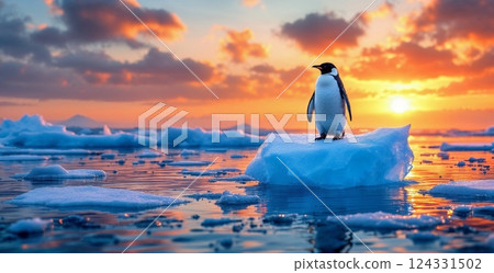 Emperor penguin standing on a melting iceberg in antarctica at sunset, symbolizing global warming and climate change 124331502