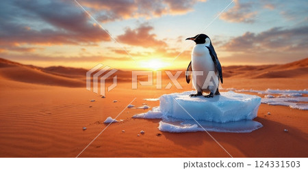 Emperor penguin standing on a melting iceberg in a hot desert environment at sunset, concept of global warming and climate change Emperor penguin standing on a melting iceberg in a hot desert environment at sunset, concept of global warming and climate change 124331503