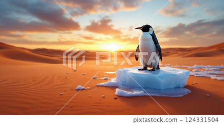 Emperor penguin standing on a melting iceberg in a hot desert environment at sunset, concept of global warming and climate change 124331504