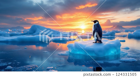 Emperor penguin standing on a melting iceberg in antarctica at sunset, symbolizing global warming and climate change 124331505