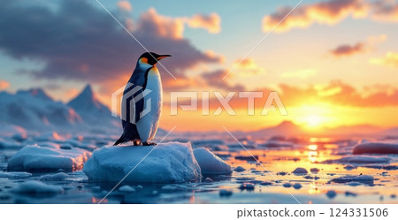 Emperor penguin standing on a melting iceberg in antarctica at sunset, symbolizing global warming and climate change 124331506