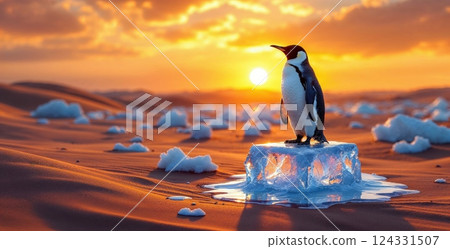 Emperor penguin standing on a melting iceberg in a hot desert environment at sunset, concept of global warming and climate change 124331507