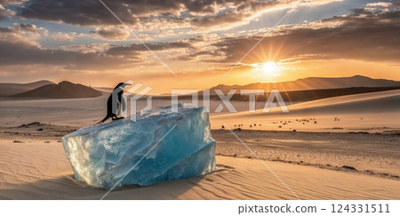 Emperor penguin standing on a melting iceberg in a hot desert environment at sunset, concept of global warming and climate change 124331511