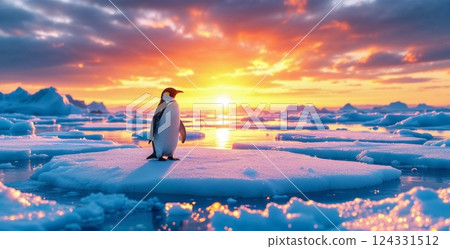 Emperor penguin standing on a melting iceberg in antarctica at sunset, symbolizing global warming and climate change Emperor penguin standing on a melting iceberg in antarctica at sunset, symbolizing global warming and climate change 124331512