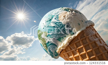 Planet earth melting like an ice cream in a waffle cone under the sun: global warming and climate change concept Planet earth melting like an ice cream in a waffle cone under the sun: global warming and climate change concept 124331516