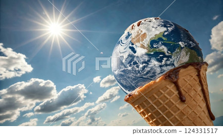 Planet earth melting like an ice cream in a waffle cone under the sun: global warming and climate change concept Planet earth melting like an ice cream in a waffle cone under the sun: global warming and climate change concept 124331517