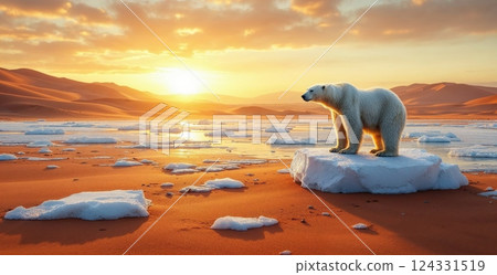 Polar bear standing on a melting iceberg in a dry desert environment at sunset, symbolizing the impact of global warming and climate change, concept 124331519