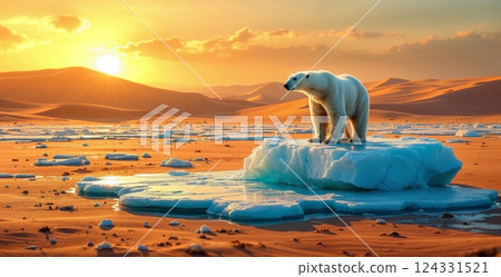 Polar bear standing on a melting iceberg in a dry desert environment at sunset, symbolizing the impact of global warming and climate change, concept 124331521