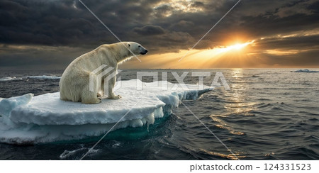 Polar bear sitting on a melting ice floe in a colorful sunset, symbolizing global warming and climate change concept 124331523