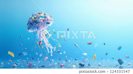 Plastic garbage forming jellyfish polluting ocean, highlighting environmental plastic pollution issue. environmental issue concept 124331547
