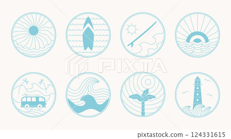 Simple line blue marine badge about ocean, sea, surf. Simple outline round vector stiker, banner, merch desin templates. 124331615