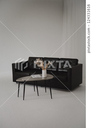 Black leather sofa, cushions and shelving units in living room. 124331616