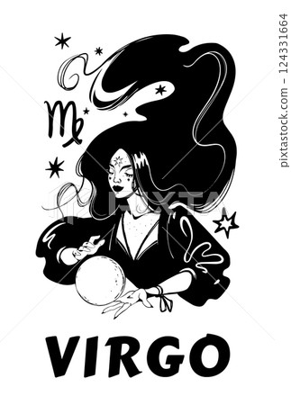 Virgo zodiac sign, mystical vintage witch card with magic ball of prediction. Flat graphics, vector illustration isolated on white background. 124331664