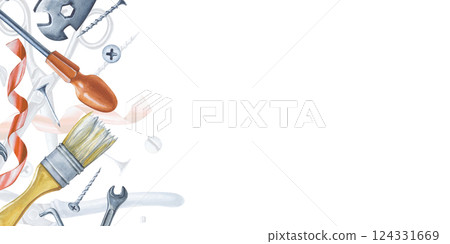 A horizontal frame with men's instruments, hand-drawn. A banner with space for the text. Watercolor illustration. Tools for home renovation. A horizontal frame with men's instruments, hand-drawn. A banner with space for the text. Watercolor illustration. Tools for home renovation. 124331669