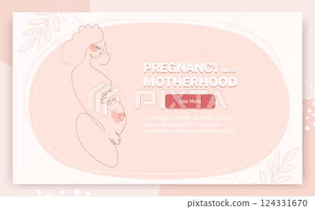Pink pregnancy and motherhood banner. Cute pregnant woman smiling side view, minimalistic endless line drawing. Landing page with text. Vector illustration. Pink pregnancy and motherhood banner. Cute pregnant woman smiling side view, minimalistic endless line drawing. Landing page with text. Vector illustration. 124331670