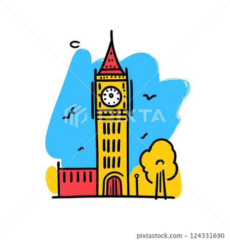 Big Ben illustration in an doodle inca cartoon style. Simple minimalist drawing of Big Ben 124331690