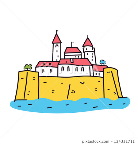 Mont Saint-Michel illustration in an doodle inca cartoon style. Simple minimalist drawing of Mont Saint-Michel 124331711