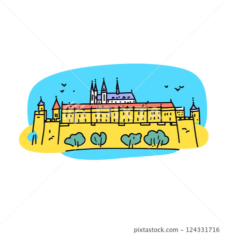 Prague Castle illustration in an doodle inca cartoon style. Simple minimalist drawing of Prague Castle 124331716