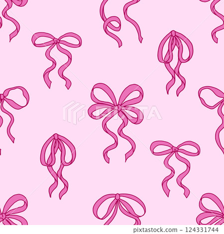 Coquette seamless pattern Pink Ribbon Bow. Pretty Girly bows. Trendy feminine romantic art for greeting cards, textile, fabric, wallpaper, wrapping. Vector Illustration. 124331744