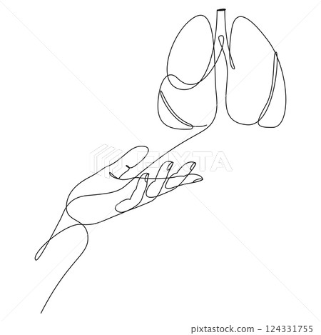 Hand holding lungs continuous one line drawing. Single line organ donation day concept. Vector illustration. Hand holding lungs continuous one line drawing. Single line organ donation day concept. Vector illustration. 124331755