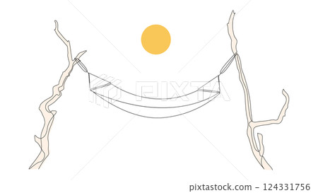 Hammock hung on trees one line drawing. Vector illustration, editable stroke. Hammock hung on trees one line drawing. Vector illustration, editable stroke. 124331756