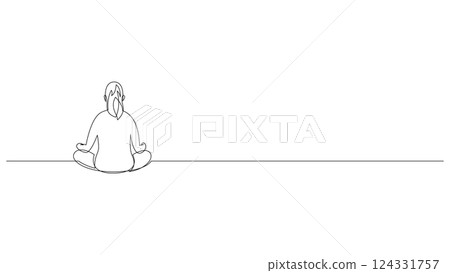 Continuous line drawing of young woman sitting in yoga pose, back view. Trendy line art vector illustration, editable stroke. Continuous line drawing of young woman sitting in yoga pose, back view. Trendy line art vector illustration, editable stroke. 124331757