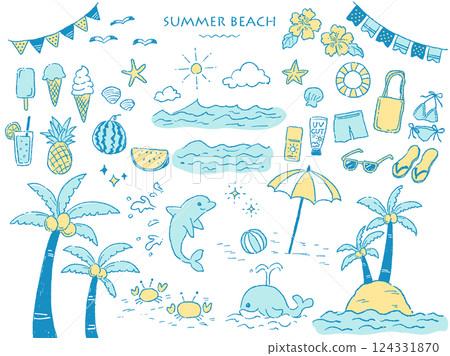 A rough hand-drawn summer beach set (yellow x light blue) A rough hand-drawn summer beach set (yellow x light blue) 124331870