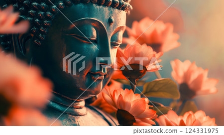 有花的風景和佛像的側面 有花的風景和佛像的側面 124331975