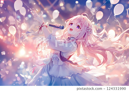 偶像粉紅頭髮的動漫女孩在舞台上唱歌。明亮的燈光和興奮的人群 124331990