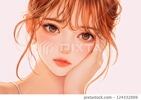 美麗的女孩插圖。大眼睛的肖像，背景為柔和的粉紅色 124332009