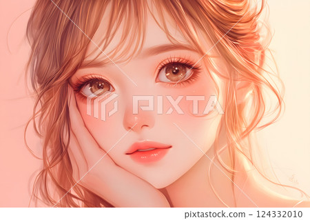 美麗的女孩插圖。大眼睛的肖像，背景為柔和的粉紅色 124332010