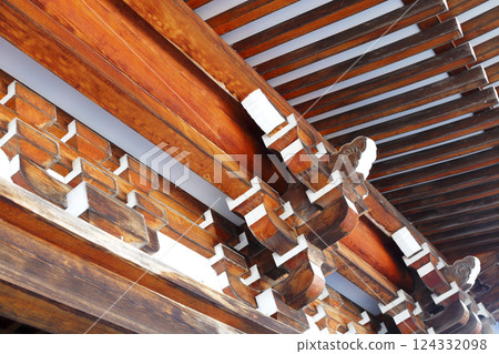 Traditional temple and shrine architecture of the Niomon Gate of Osorezan Bodaiji Temple: Bracing of the capital pillars supporting the roof 124332098