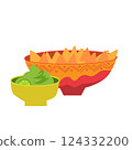 Nachos and Guacamole in festive bowls, traditional Mexican snack, vector illustration isolated on white 124332200