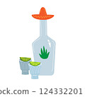 Tequila and faceted piles with lime and salted rim along top of glass. Traditional Mexican drink, mescal. Vector illustration 124332201