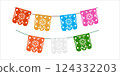 Festive color paper flags garland for Mexican holiday Cinco de Mayo, May 5. 124332203