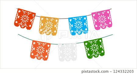 Festive color paper flags garland for Mexican holiday Cinco de Mayo, May 5. 124332203
