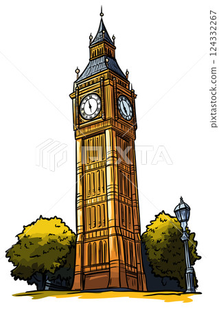 Vector comic hand-drawn illustration of Big Ben. Big Ben in London Vector comic hand-drawn illustration of Big Ben. Big Ben in London 124332267