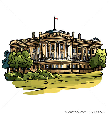 Vector comic hand-drawn illustration of Buckingham palace. Buckingham palace in London 124332280