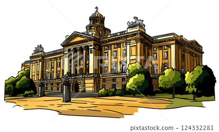 Vector comic hand-drawn illustration of Buckingham palace. Buckingham palace in London 124332281