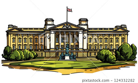 Vector comic hand-drawn illustration of Buckingham palace. Buckingham palace in London 124332282