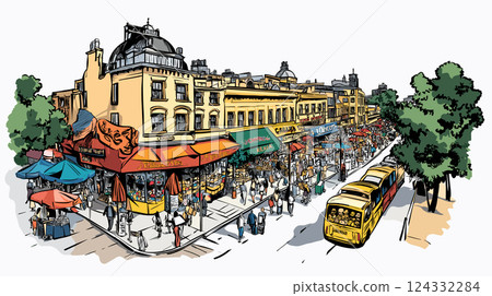 Vector comic hand-drawn illustration of Camden market. Camden market in London 124332284