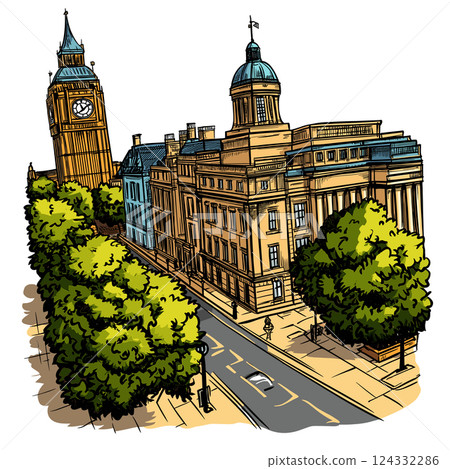 Vector comic hand-drawn illustration of Downing street. Downing street in London Vector comic hand-drawn illustration of Downing street. Downing street in London 124332286