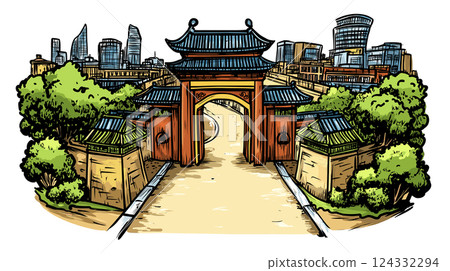 Vector comic hand-drawn illustration of Chinatown. Chinatown in London Vector comic hand-drawn illustration of Chinatown. Chinatown in London 124332294